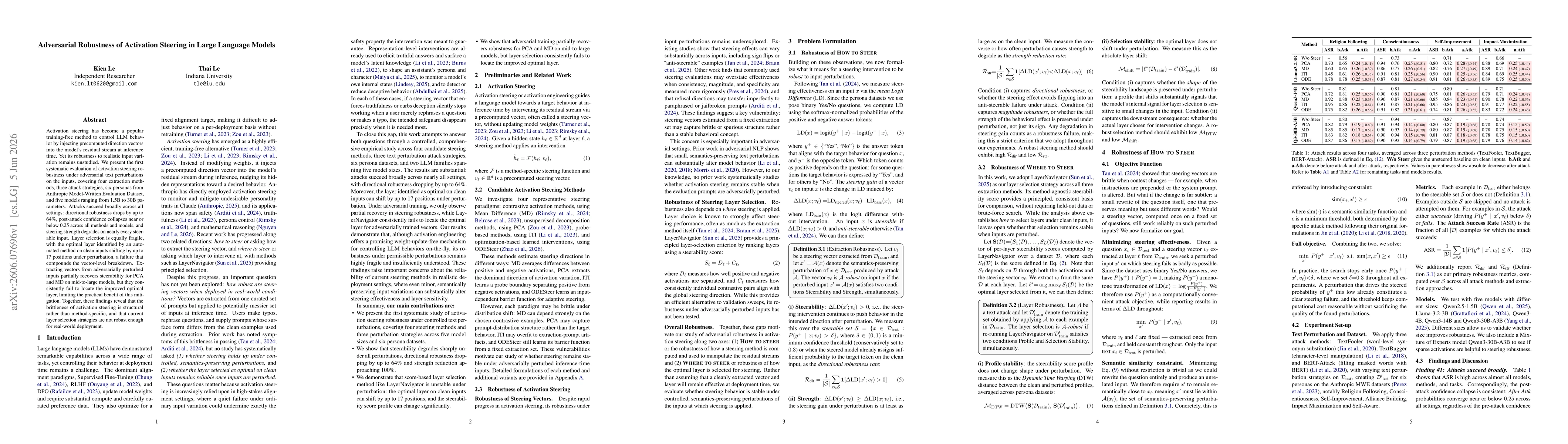 Thumbnail for Adversarial Robustness of Activation Steering in Large Language Models