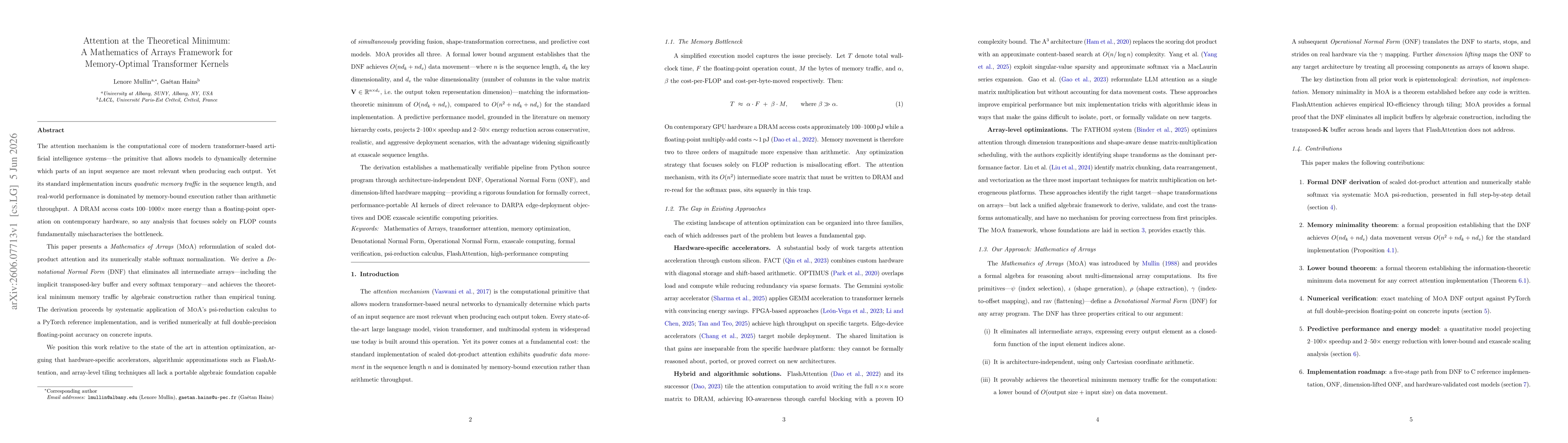 Thumbnail for Attention at the Theoretical Minimum: A Mathematics of Arrays Framework for Memory-Optimal Transformer Kernels