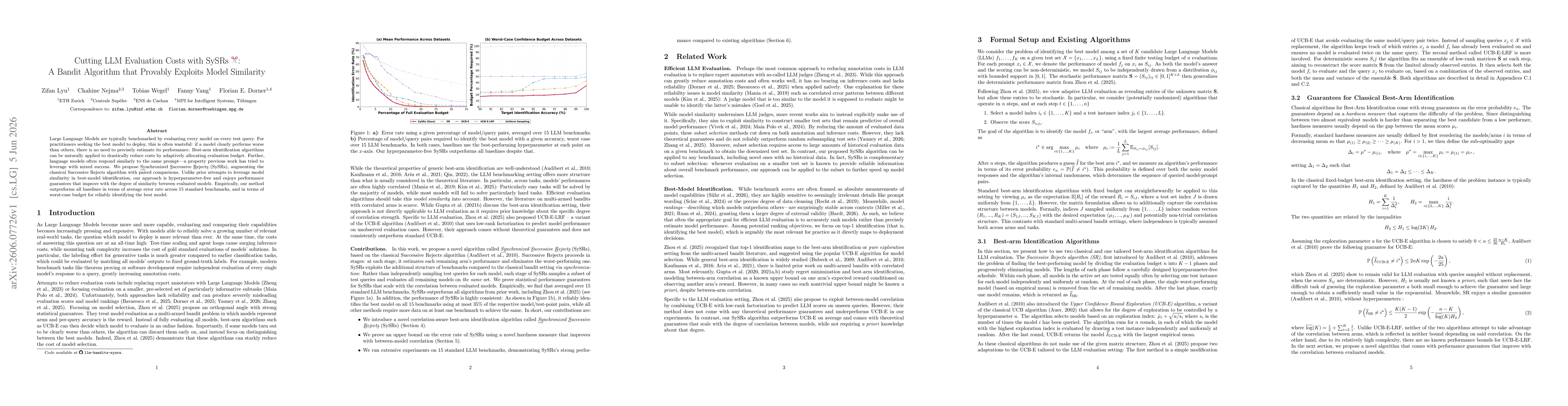 Thumbnail for Cutting LLM Evaluation Costs with SySRs: A Bandit Algorithm that Provably Exploits Model Similarity
