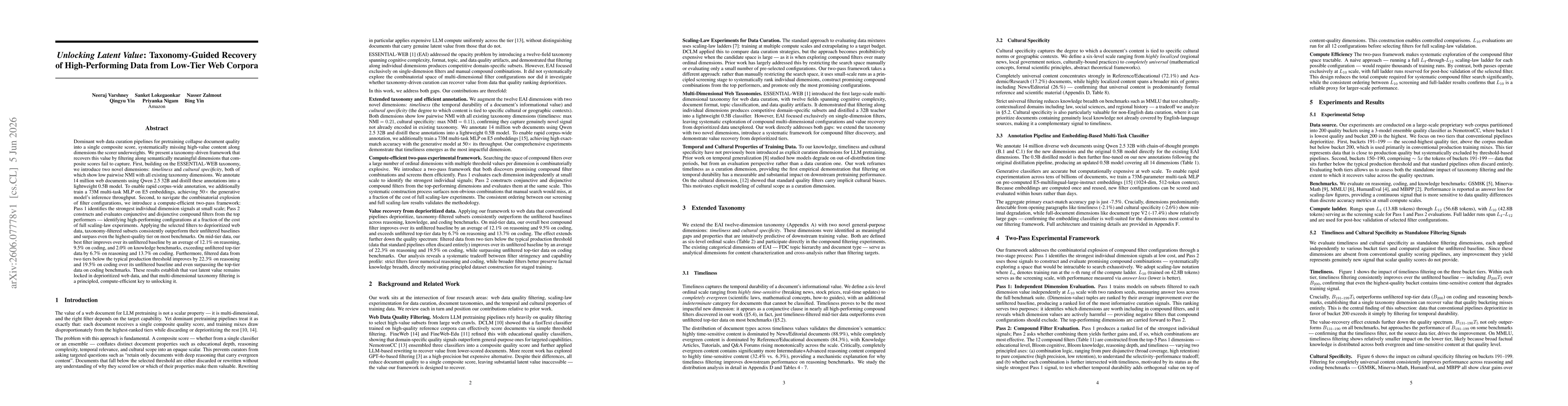 Thumbnail for Unlocking Latent Value: Taxonomy-Guided Recovery of High-Performing Data from Low-Tier Web Corpora