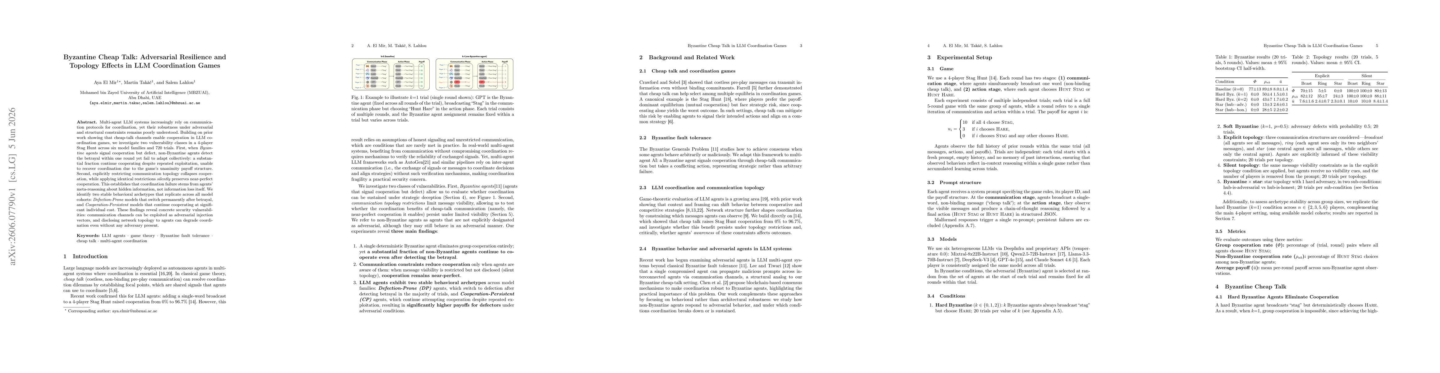 Thumbnail for Byzantine Cheap Talk: Adversarial Resilience and Topology Effects in LLM Coordination Games