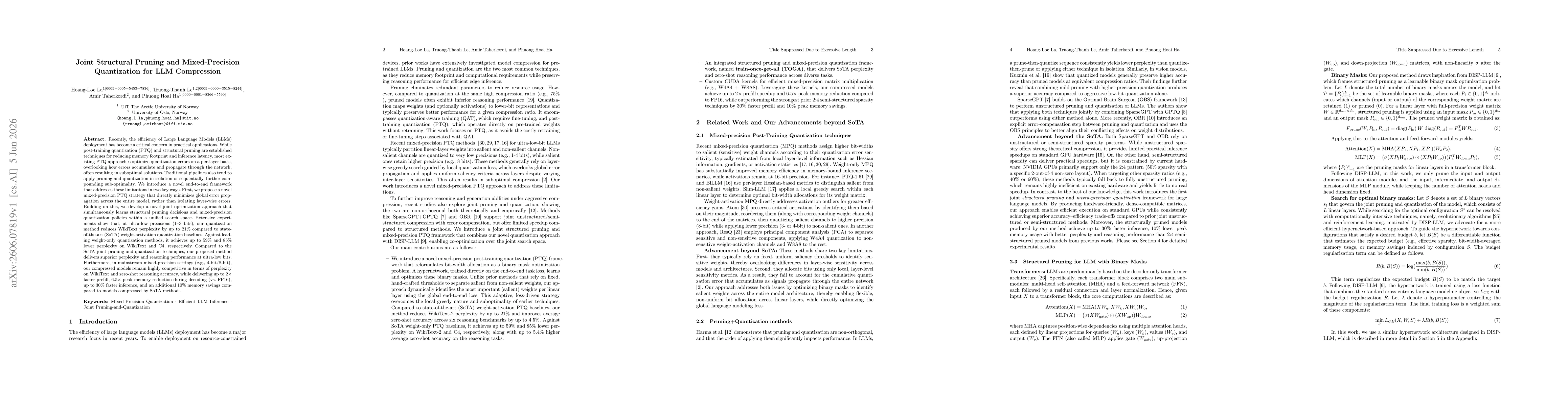 Thumbnail for Joint Structural Pruning and Mixed-Precision Quantization for LLM Compression