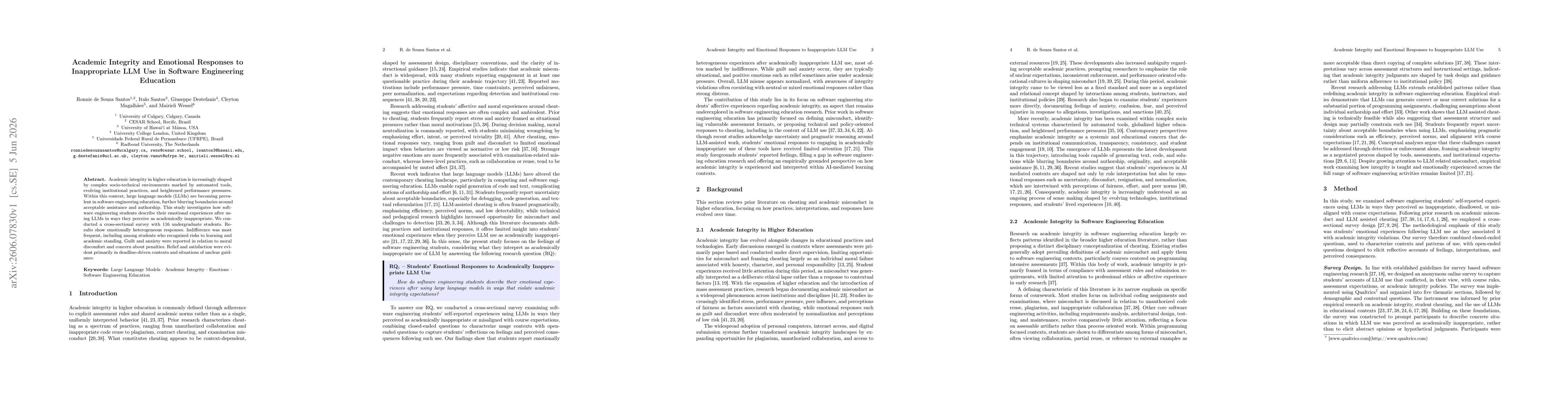 Thumbnail for Academic Integrity and Emotional Responses to Inappropriate LLM Use in Software Engineering Education