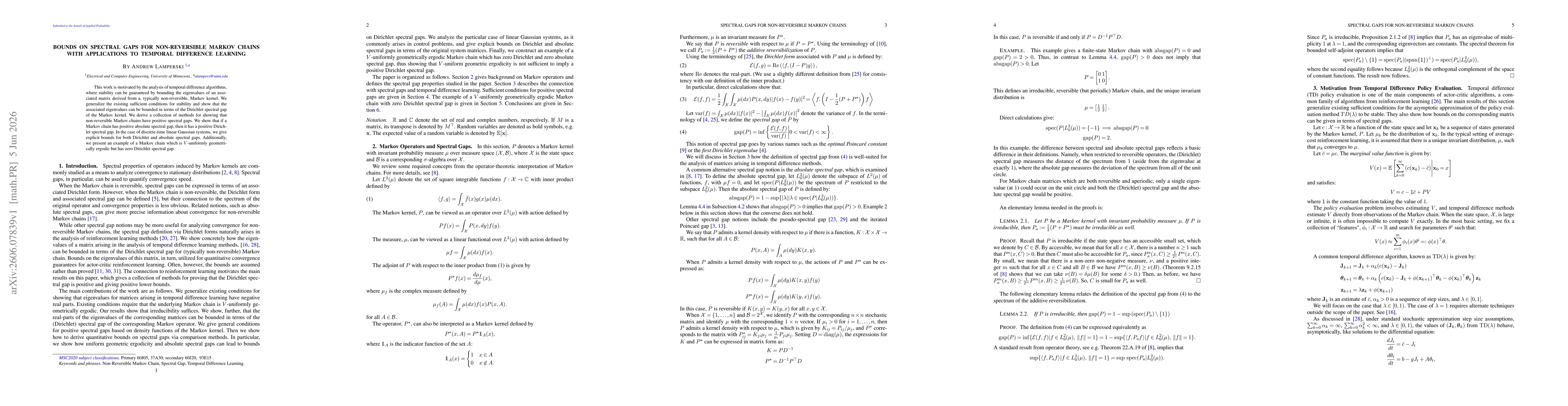 Thumbnail for Bounds on Spectral Gaps for Non-Reversible Markov Chains with Applications to Temporal Difference Learning