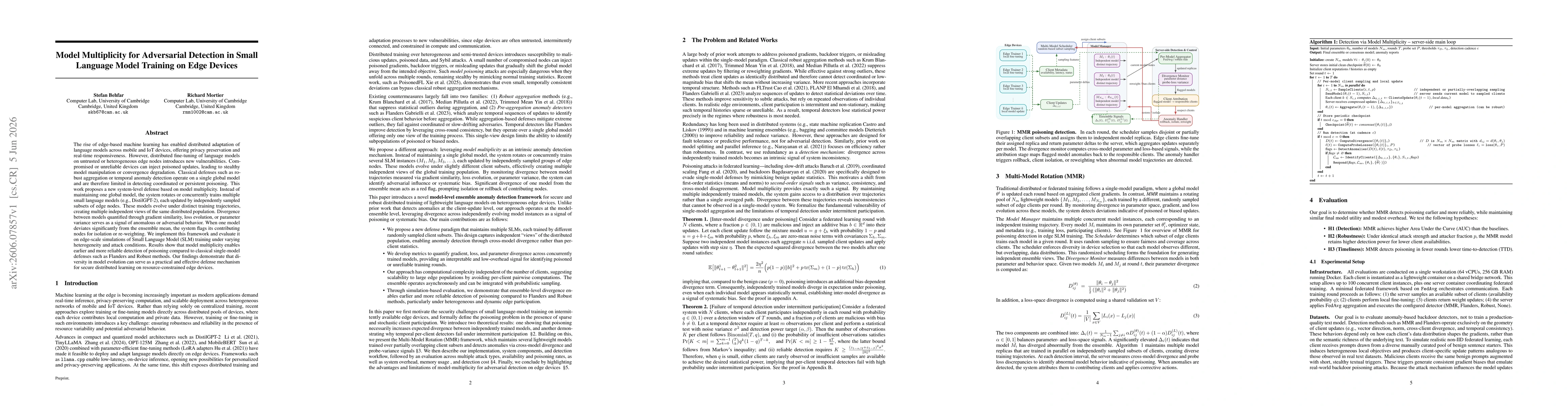 Thumbnail for Model Multiplicity for Adversarial Detection in Small Language Model Training on Edge Devices