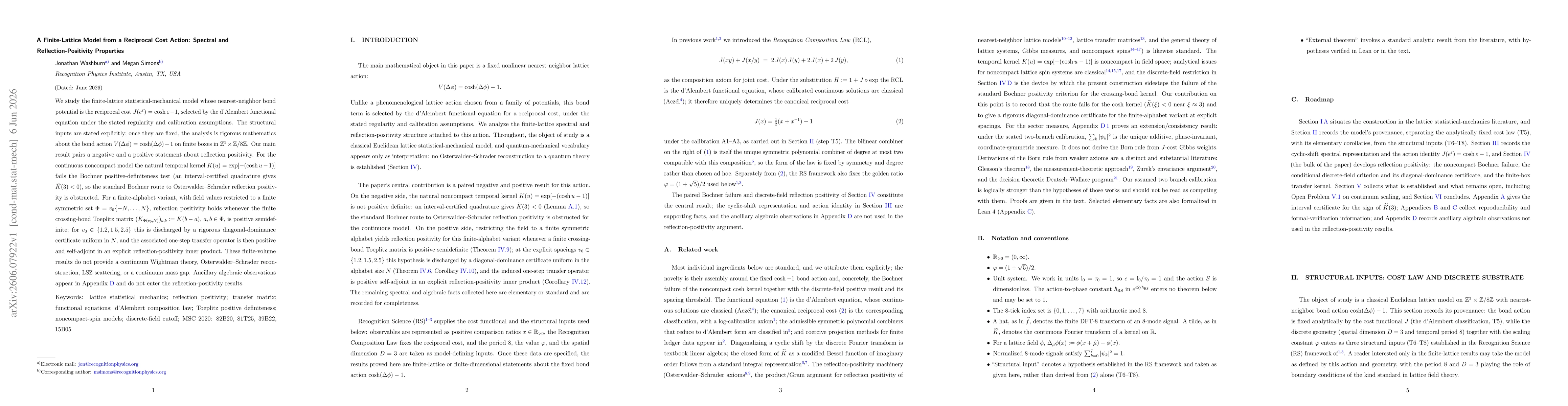 Thumbnail for A Finite-Lattice Model from a Reciprocal Cost Action: Spectral and Reflection-Positivity Properties