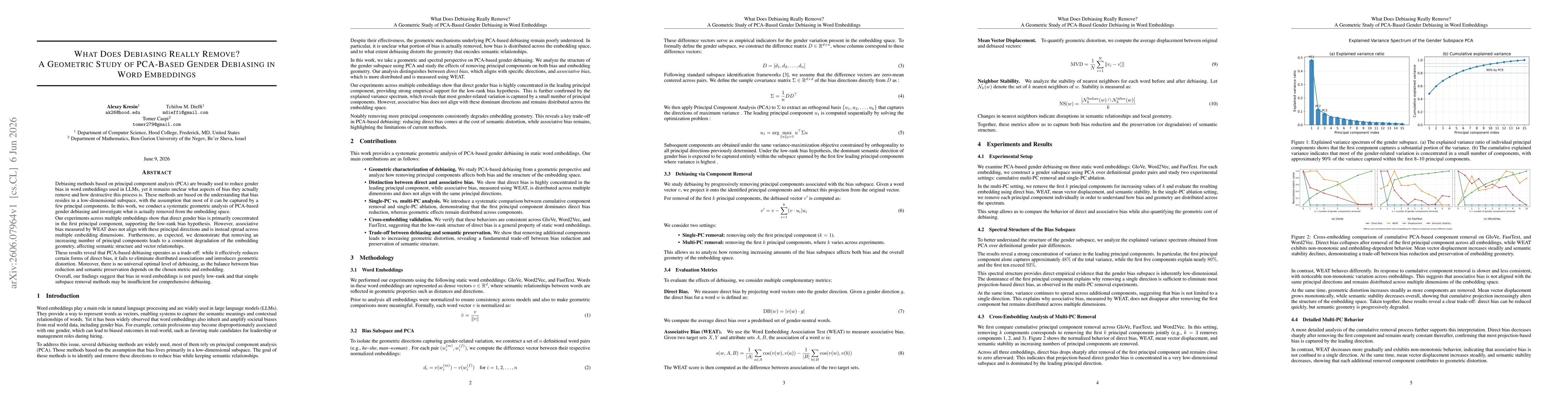 Thumbnail for What Does Debiasing Really Remove? A Geometric Study of PCA-Based Gender Debiasing in Word Embeddings