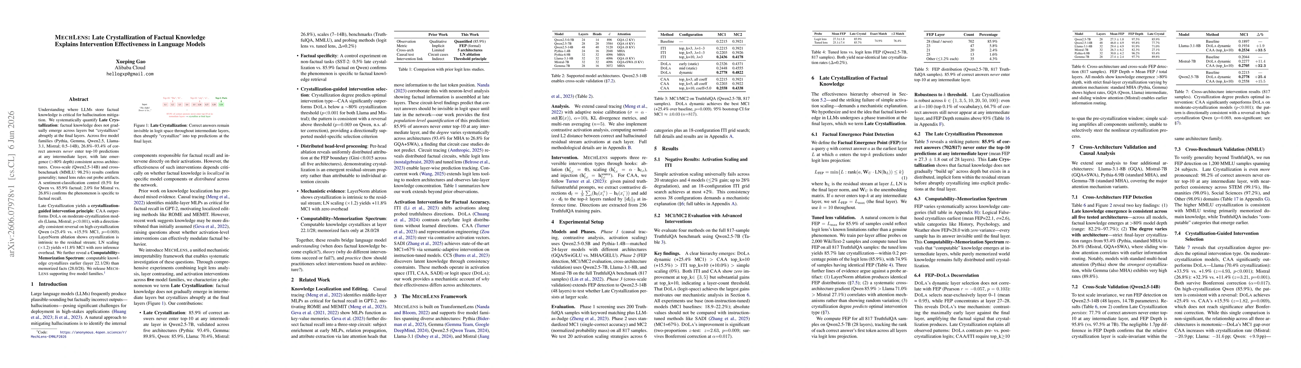 Thumbnail for MechLens: Late Crystallization of Factual Knowledge Explains Intervention Effectiveness in Language Models
