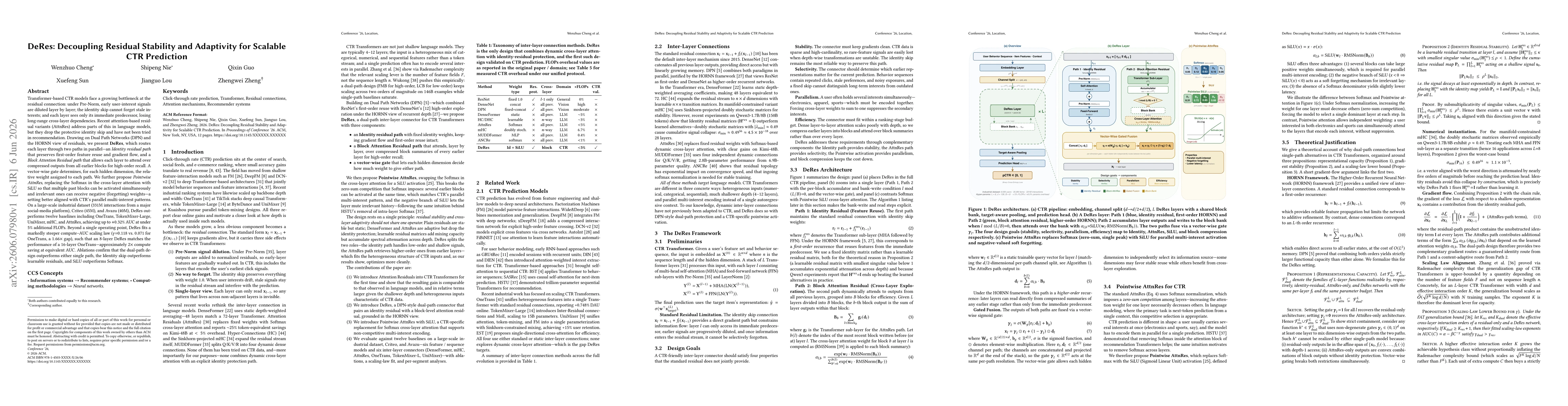 Thumbnail for DeRes: Decoupling Residual Stability and Adaptivity for Scalable CTR Prediction