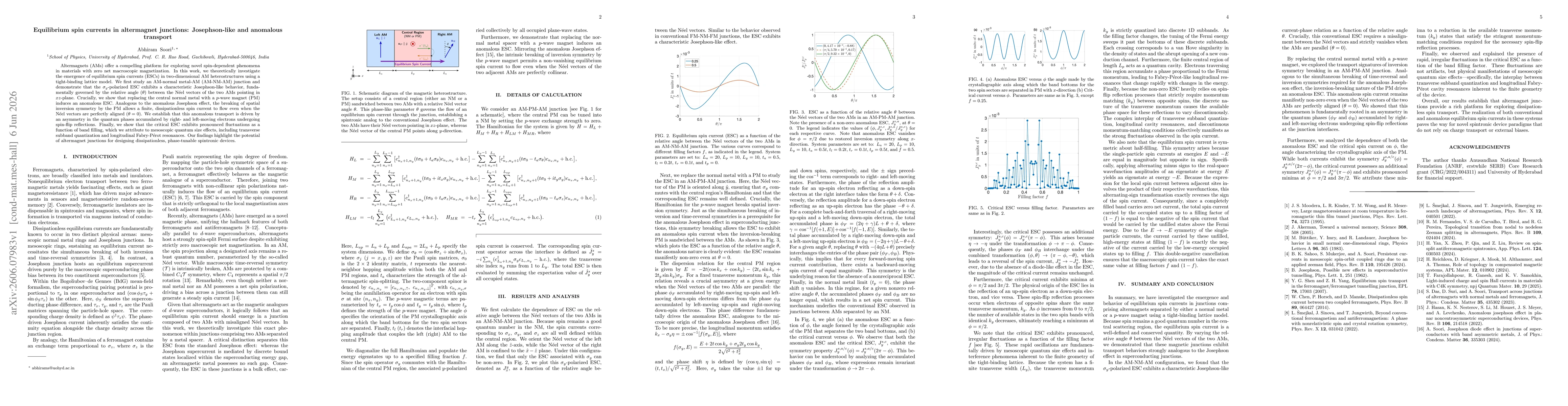 Thumbnail for Equilibrium spin currents in altermagnet junctions: Josephson-like and anomalous transport