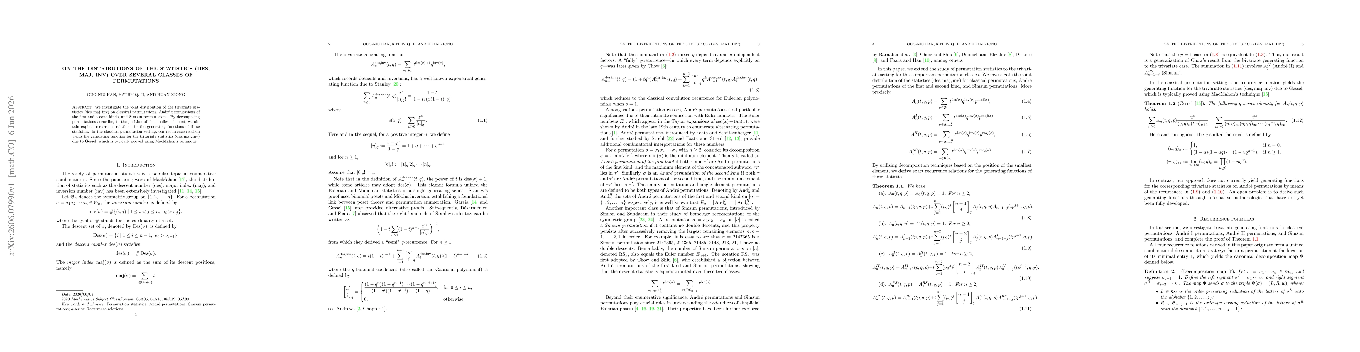 Thumbnail for On the distributions of the statistics (des, maj, inv) over several classes of permutations