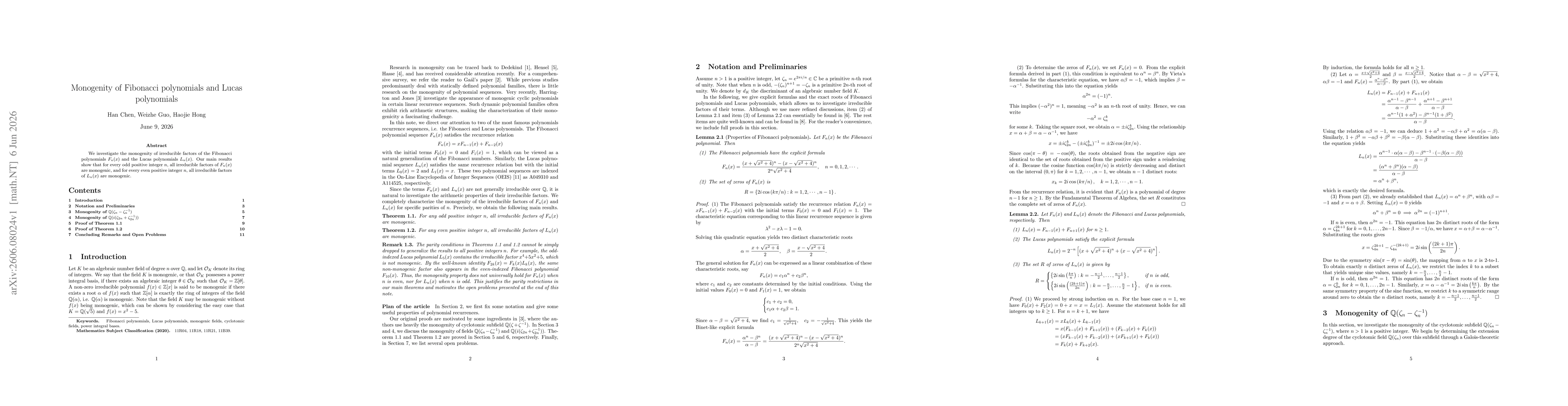 Thumbnail for Monogenity of Fibonacci polynomials and Lucas polynomials