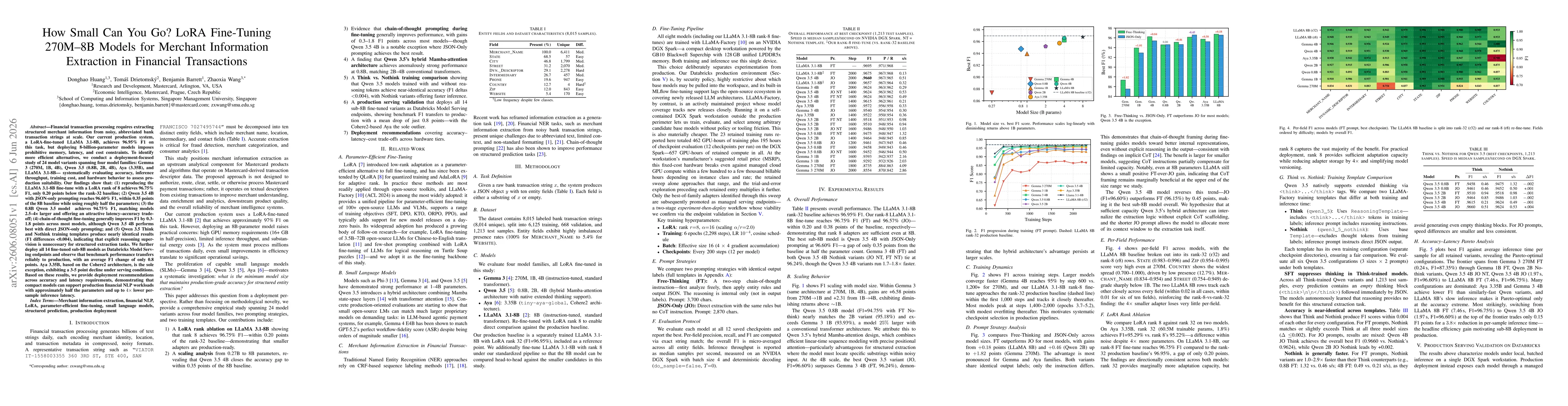 Thumbnail for How Small Can You Go? LoRA Fine-Tuning 270M-8B Models for Merchant Information Extraction in Financial Transactions