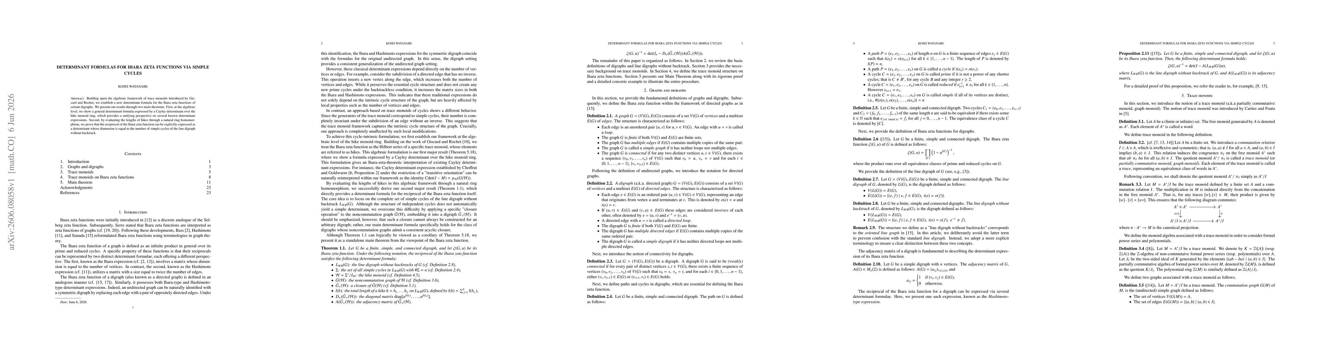 Thumbnail for Determinant formulas for Ihara zeta functions via simple cycles