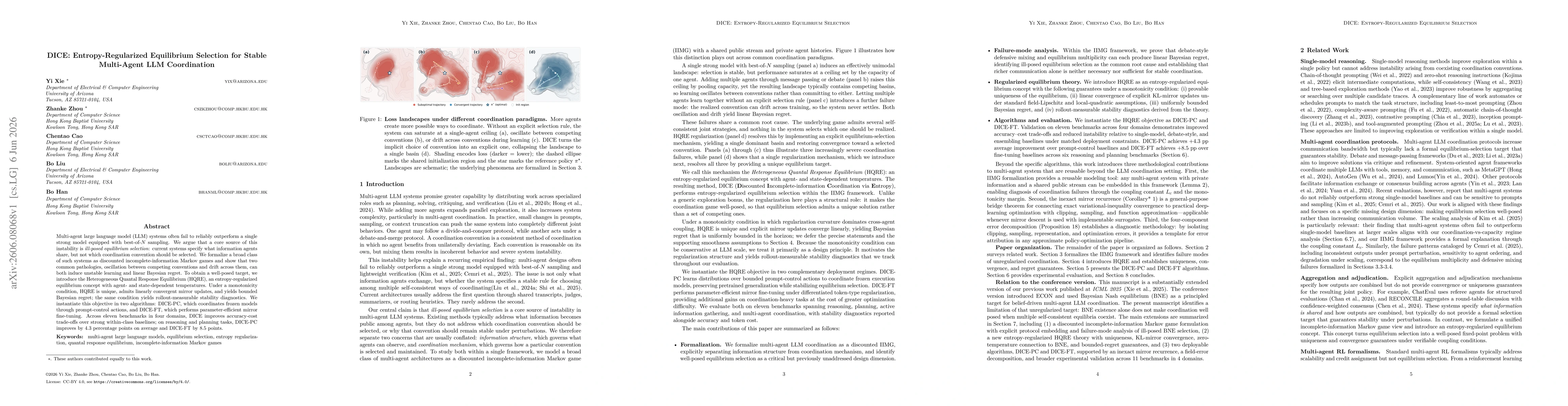 Thumbnail for DICE: Entropy-Regularized Equilibrium Selection for Stable Multi-Agent LLM Coordination