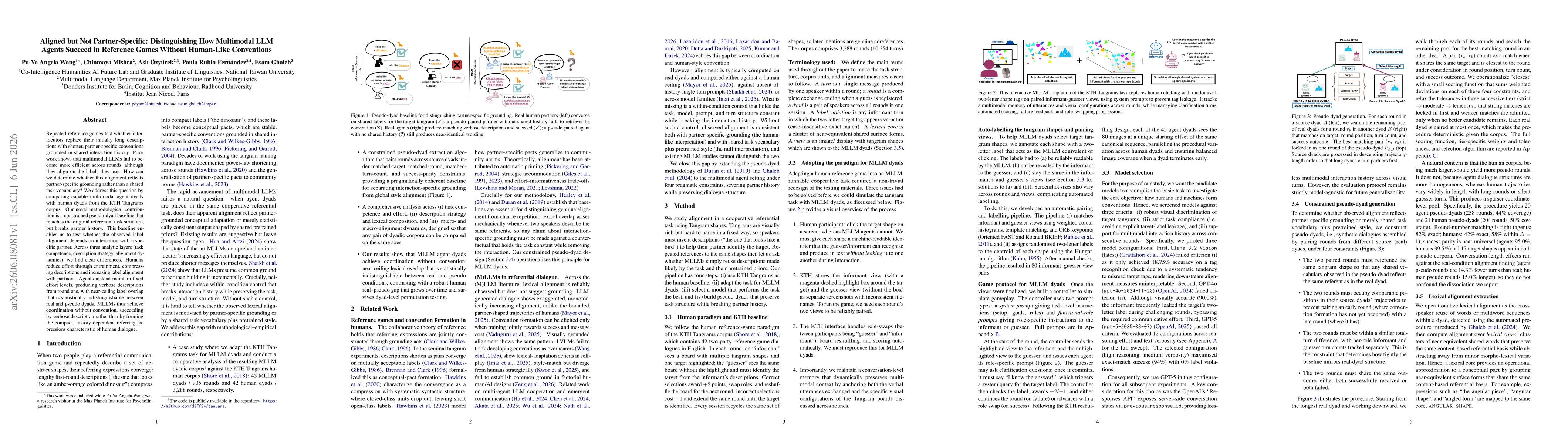 Thumbnail for Aligned but Not Partner-Specific: Distinguishing How Multimodal LLM Agents Succeed in Reference Games Without Human-Like Conventions