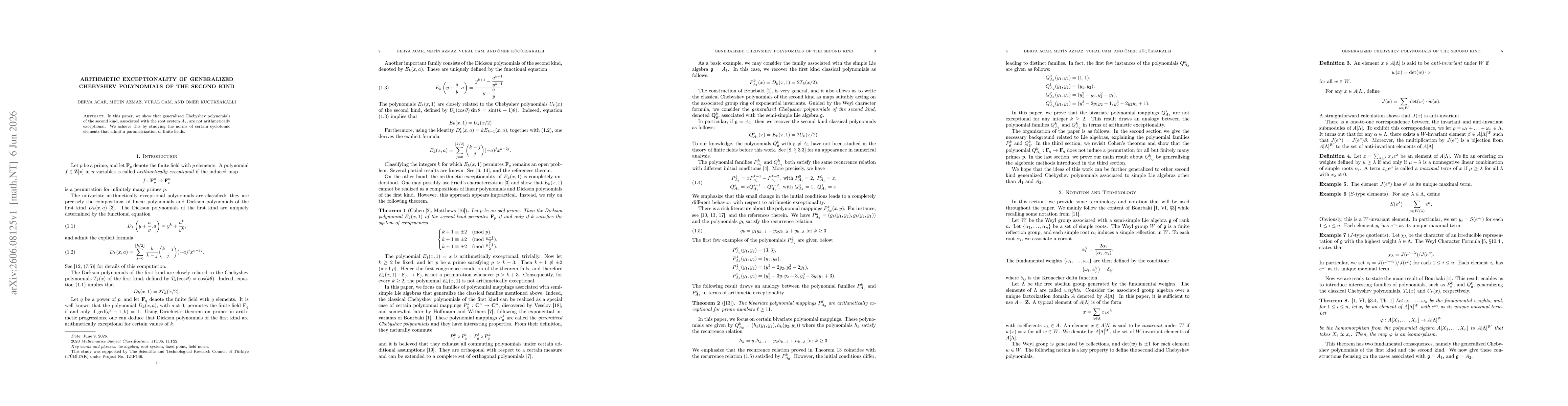 Thumbnail for Arithmetic exceptionality of generalized Chebyshev polynomials of the second kind