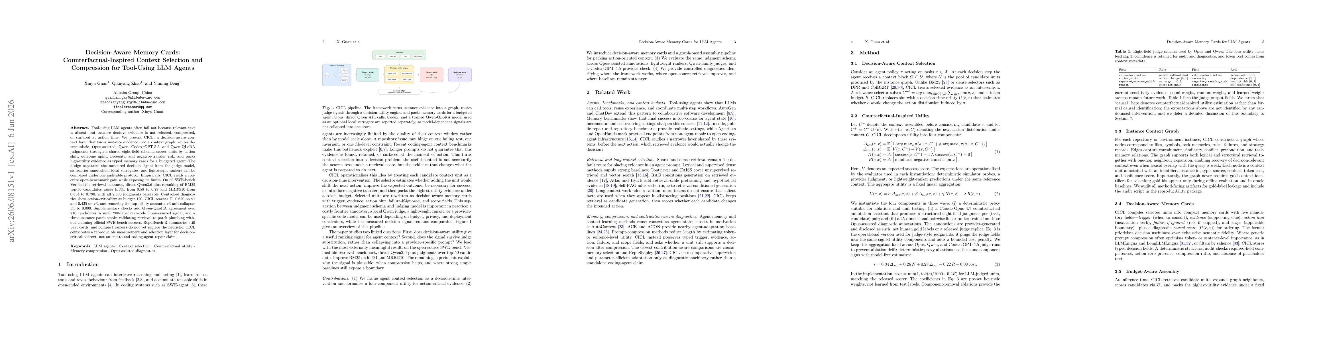 Thumbnail for Decision-Aware Memory Cards: Counterfactual-Inspired Context Selection and Compression for Tool-Using LLM Agents