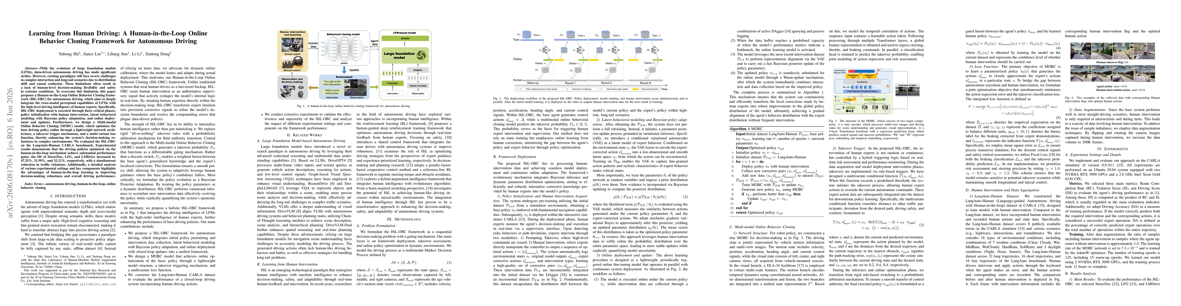 Thumbnail for Learning from Human Driving: A Human-in-the-Loop Online Behavior Cloning Framework for Autonomous Driving