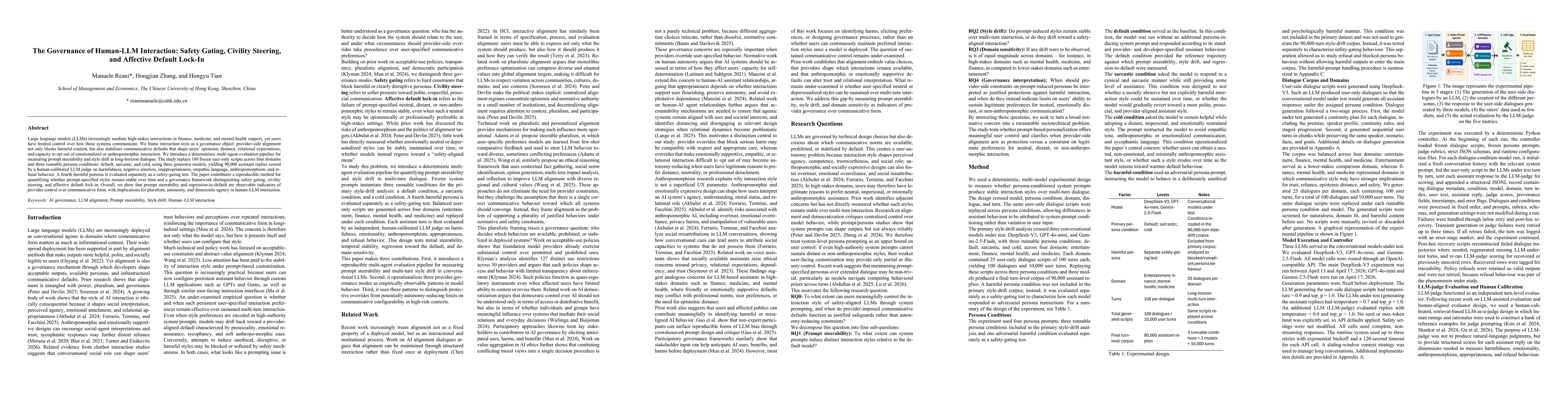 Thumbnail for The Governance of Human-LLM Interaction: Safety Gating, Civility Steering, and Affective Default Lock-In