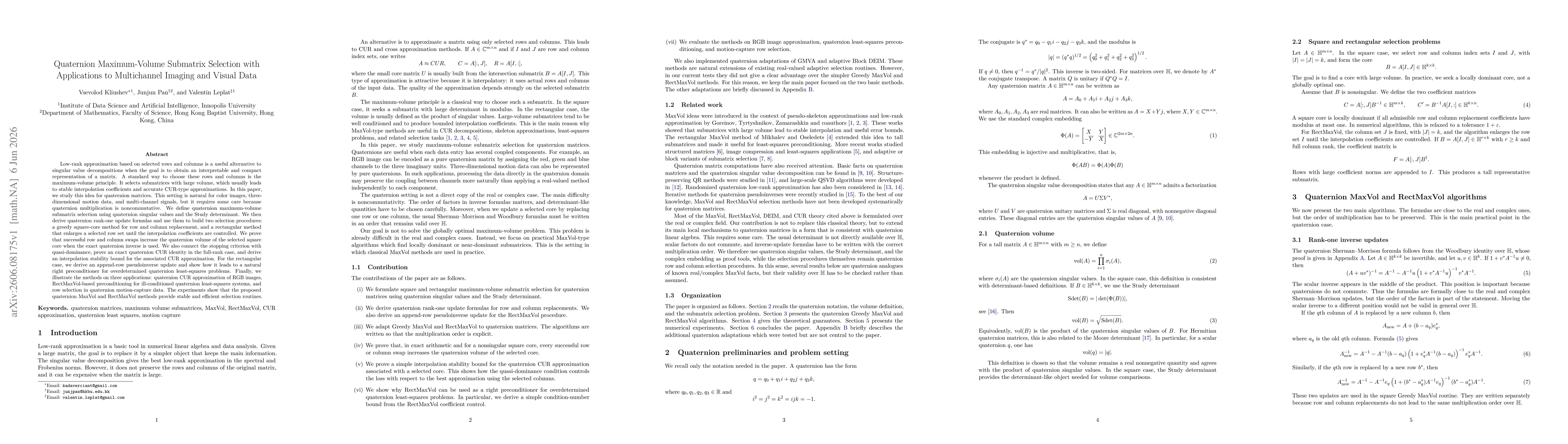 Thumbnail for Quaternion Maximum-Volume Submatrix Selection with Applications to Multichannel Imaging and Visual Data