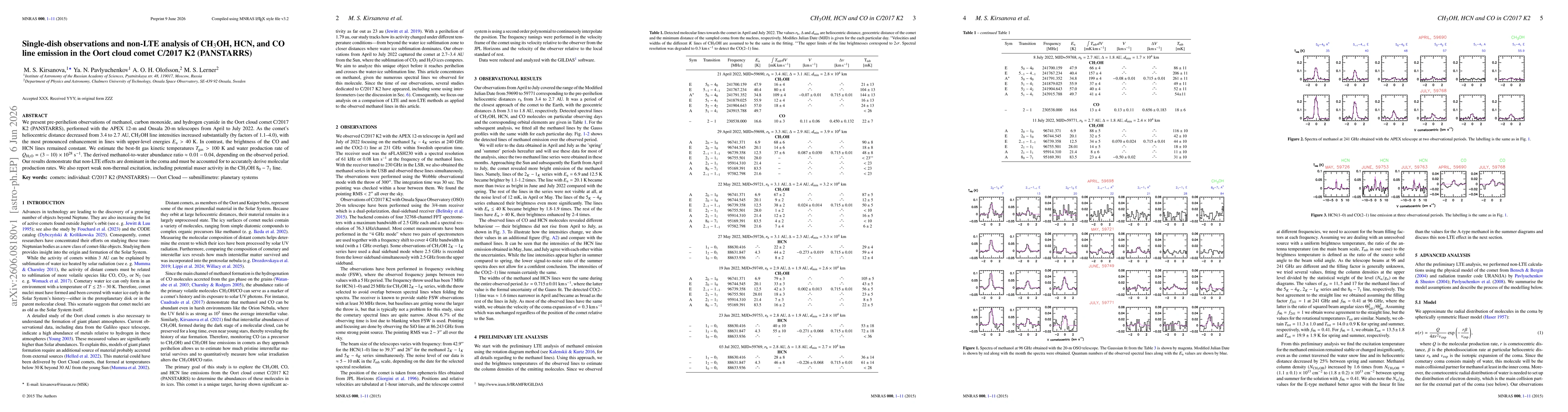 Thumbnail for Single-dish observations and non-LTE analysis of CH3OH, HCN, and CO line emission in the Oort cloud comet C/2017 K2 (PANSTARRS)