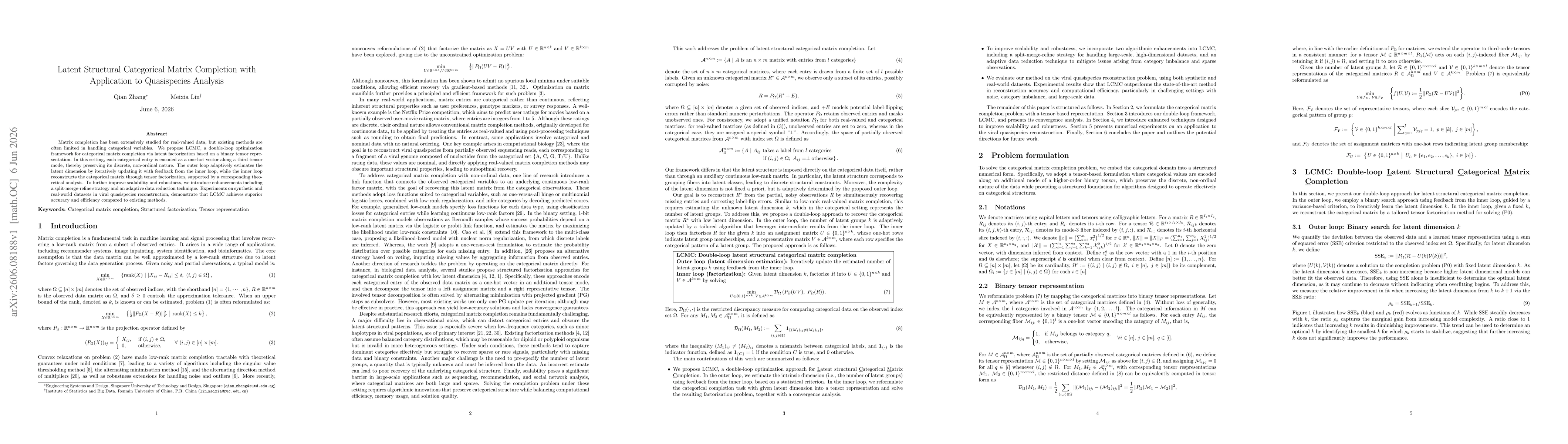 Thumbnail for Latent Structural Categorical Matrix Completion with Application to Quasispecies Analysis