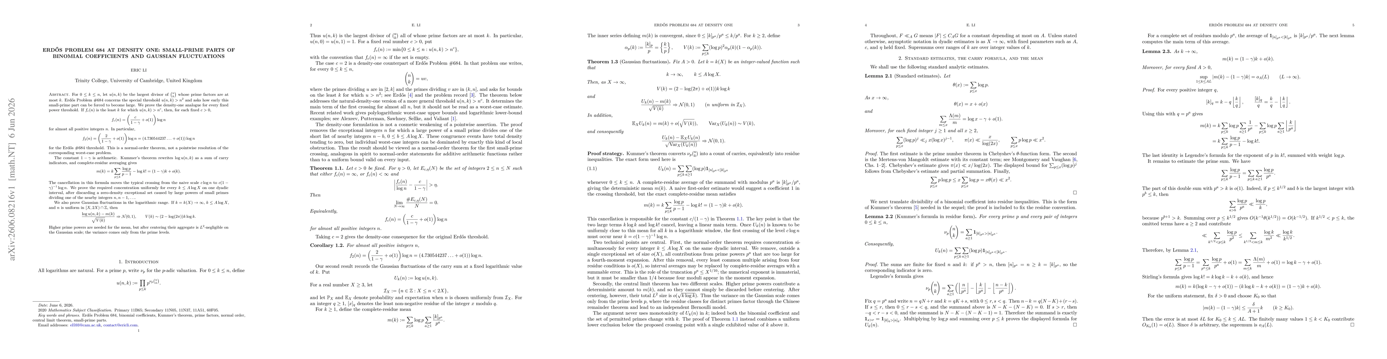 Thumbnail for Erdős Problem 684 at Density One: Small-prime Parts of Binomial Coefficients and Gaussian Fluctuations