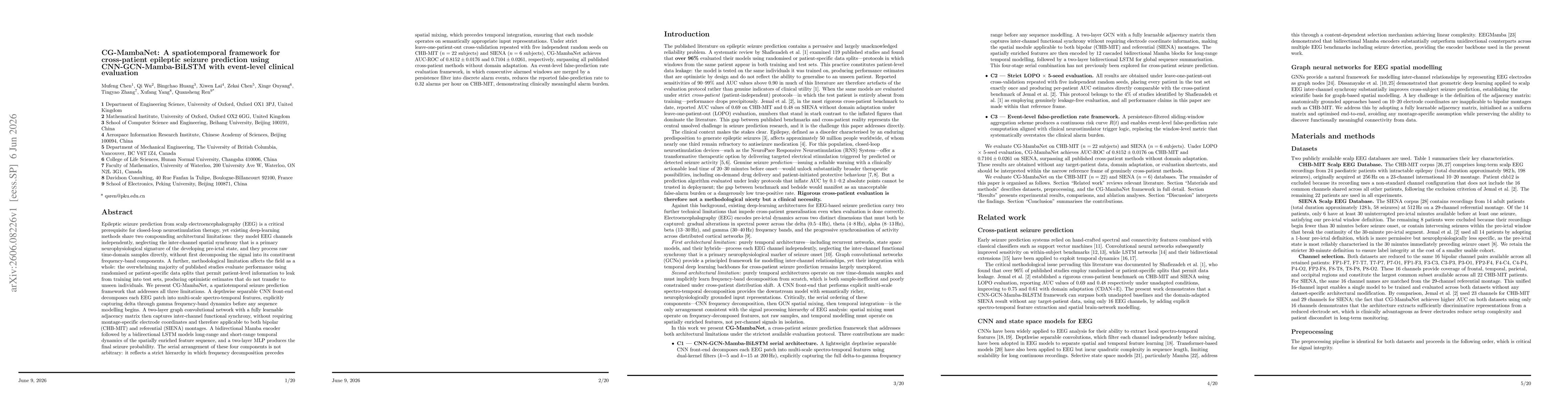 Thumbnail for CG-MambaNet: A spatiotemporal framework for cross-patient epileptic seizure prediction using CNN-GCN-Mamba-BiLSTM with event-level clinical evaluation