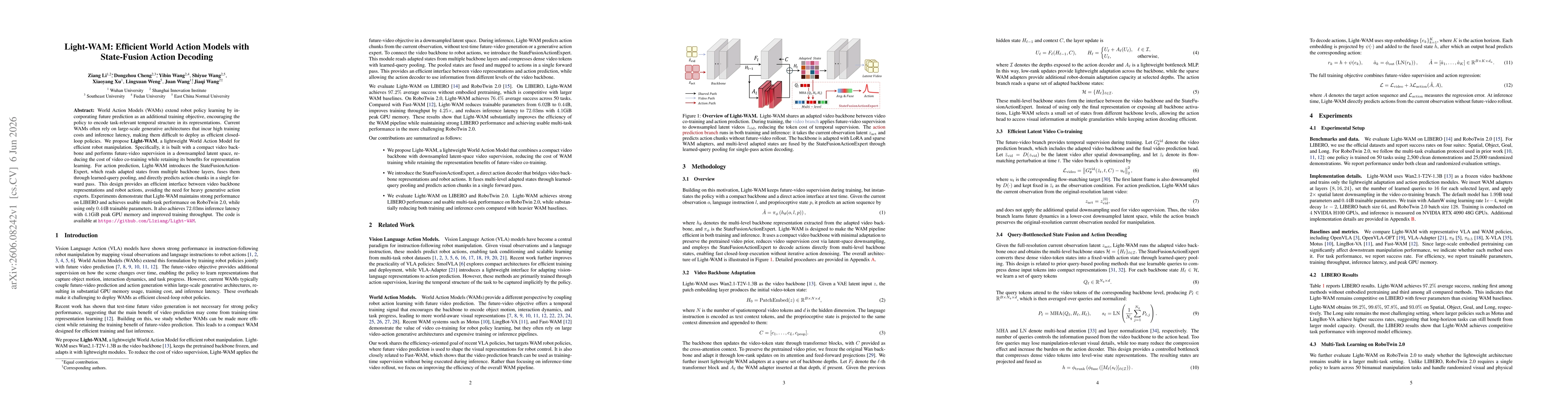 Thumbnail for Light-WAM: Efficient World Action Models with State-Fusion Action Decoding