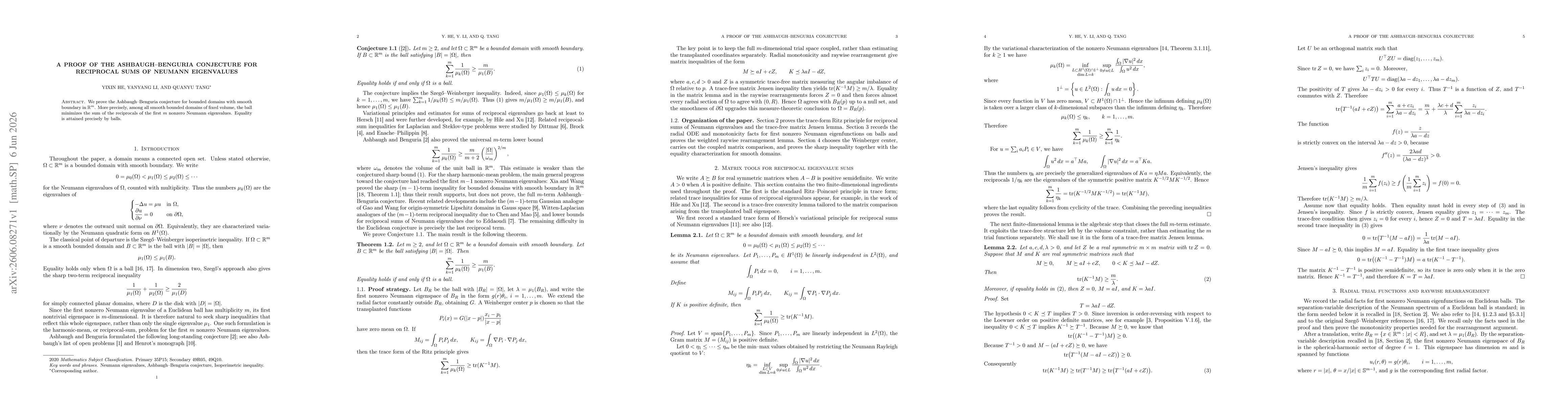 Thumbnail for A proof of the Ashbaugh--Benguria conjecture for reciprocal sums of Neumann eigenvalues
