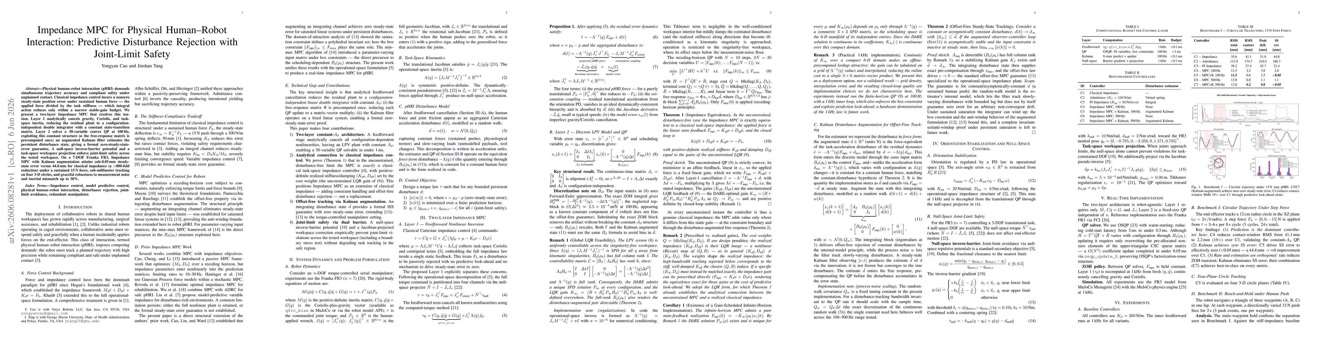 Thumbnail for Impedance MPC for Physical Human-Robot Interaction: Predictive Disturbance Rejection with Joint-Limit Safety