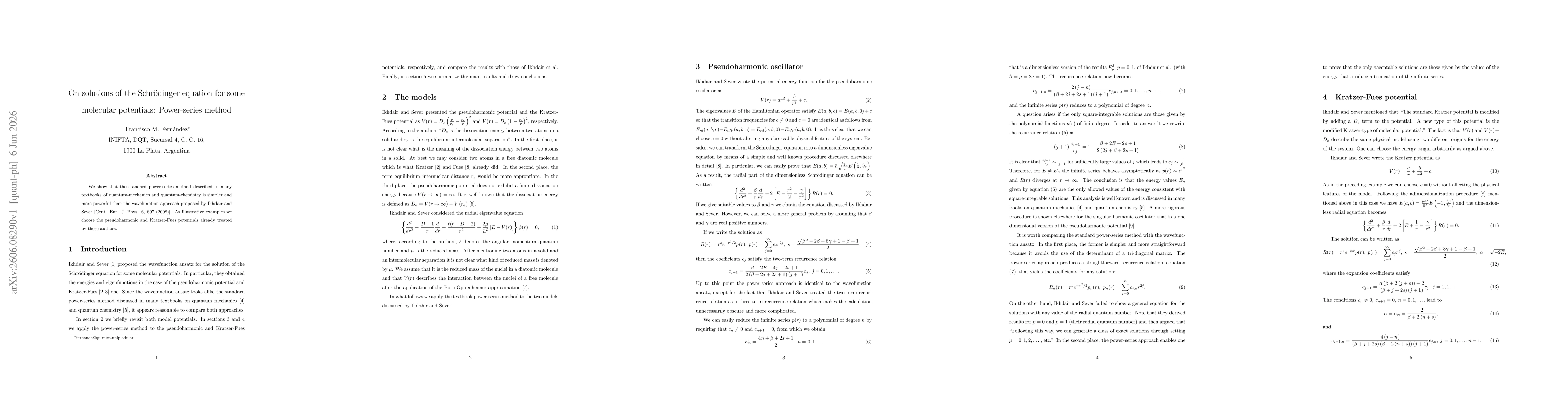 Thumbnail for On solutions of the Schrödinger equation for some molecular potentials: Power-series method