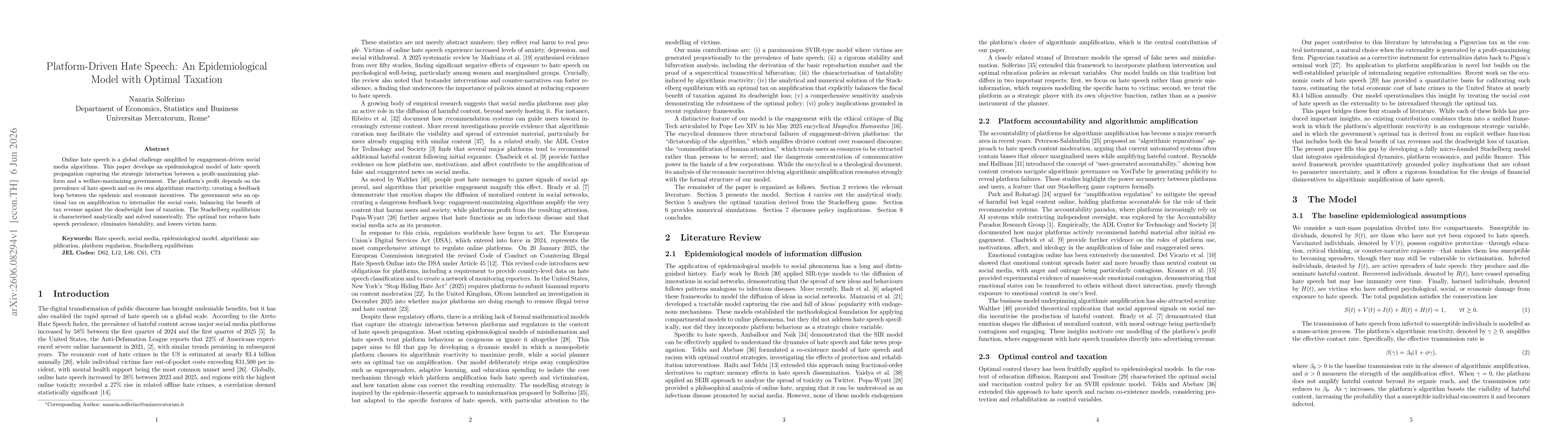 Thumbnail for Platform-Driven Hate Speech: An Epidemiological Model with Optimal Taxation