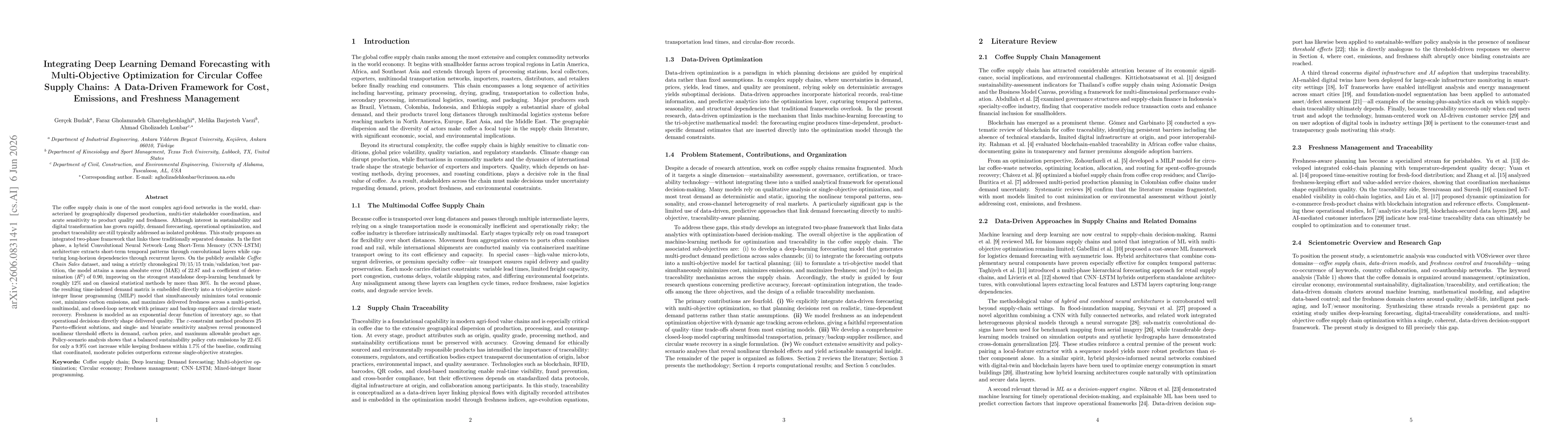 Thumbnail for Integrating Deep Learning Demand Forecasting with Multi-Objective Optimization for Circular Coffee Supply Chains: A Data-Driven Framework for Cost, Emissions, and Freshness Management