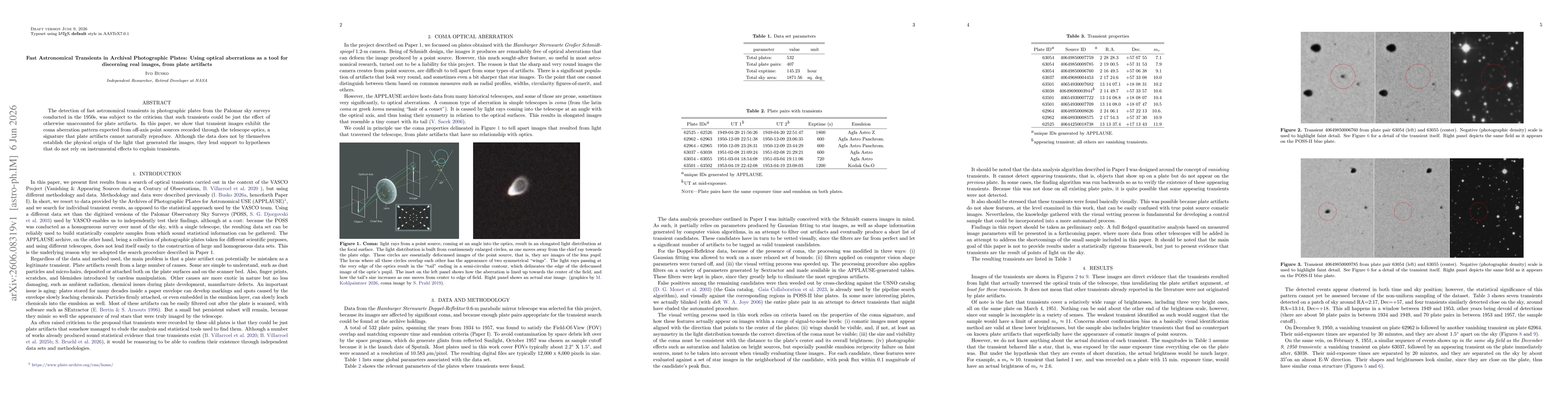 Thumbnail for Fast Astronomical Transients in Archival Photographic Plates: Using optical aberrations as a tool for discerning real images, from plate artifacts