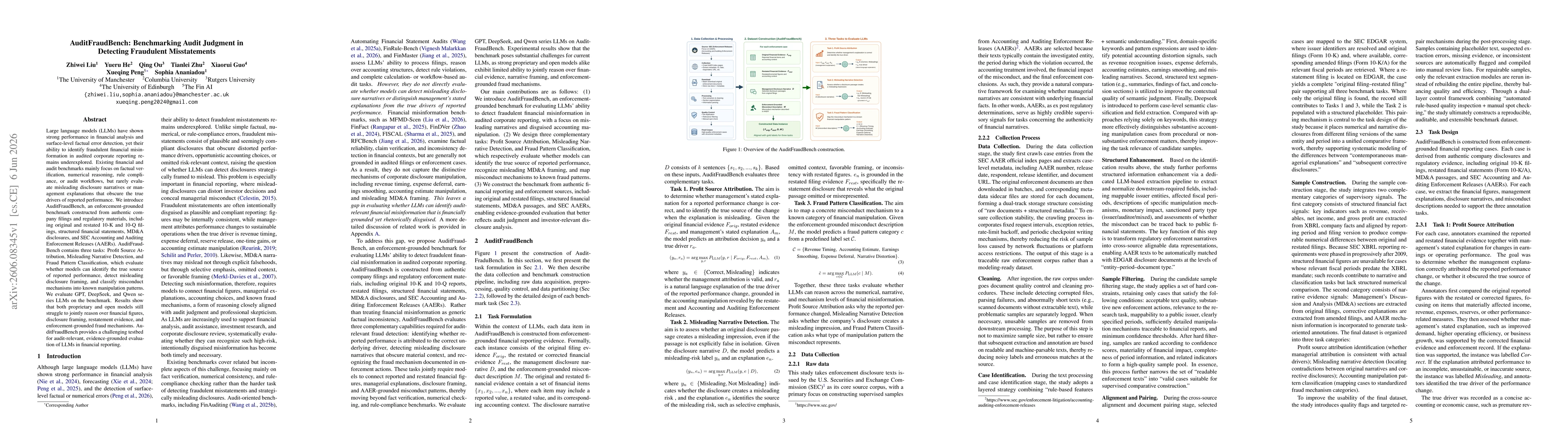 Thumbnail for AuditFraudBench: Benchmarking Audit Judgment in Detecting Fraudulent Misstatements