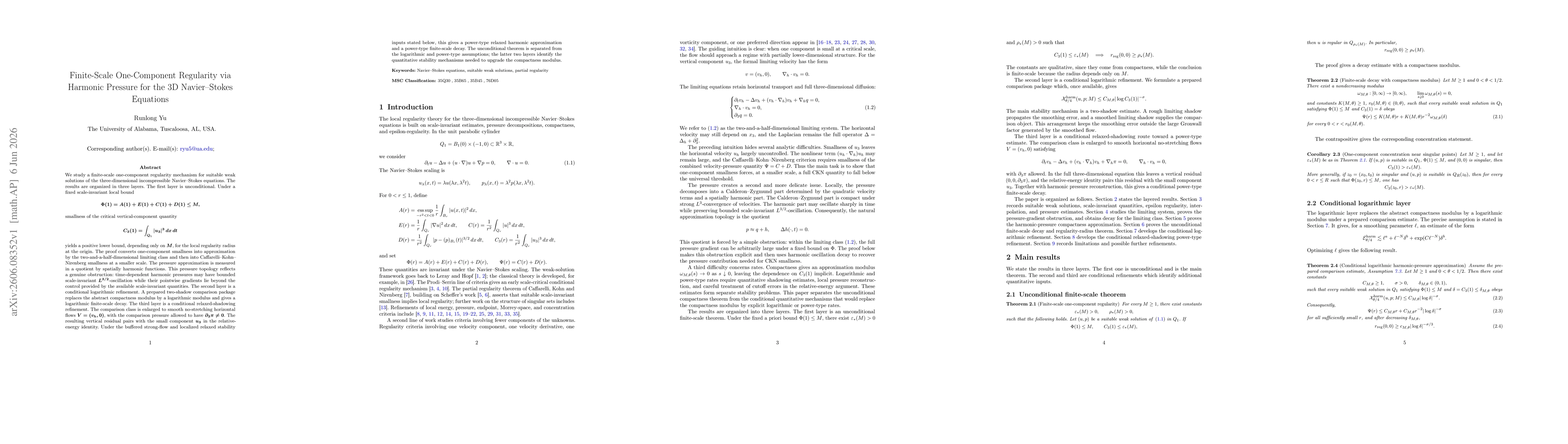 Thumbnail for Finite-Scale One-Component Regularity via Harmonic Pressure for the 3D Navier-Stokes Equations