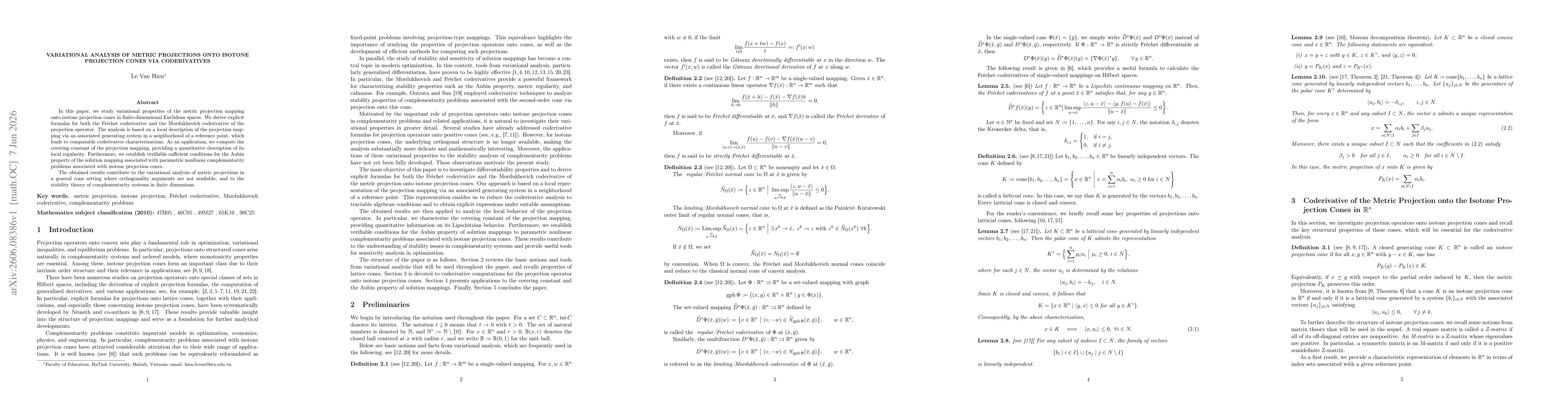 Thumbnail for Variational Analysis of Metric Projections onto Isotone Projection Cones via Coderivatives