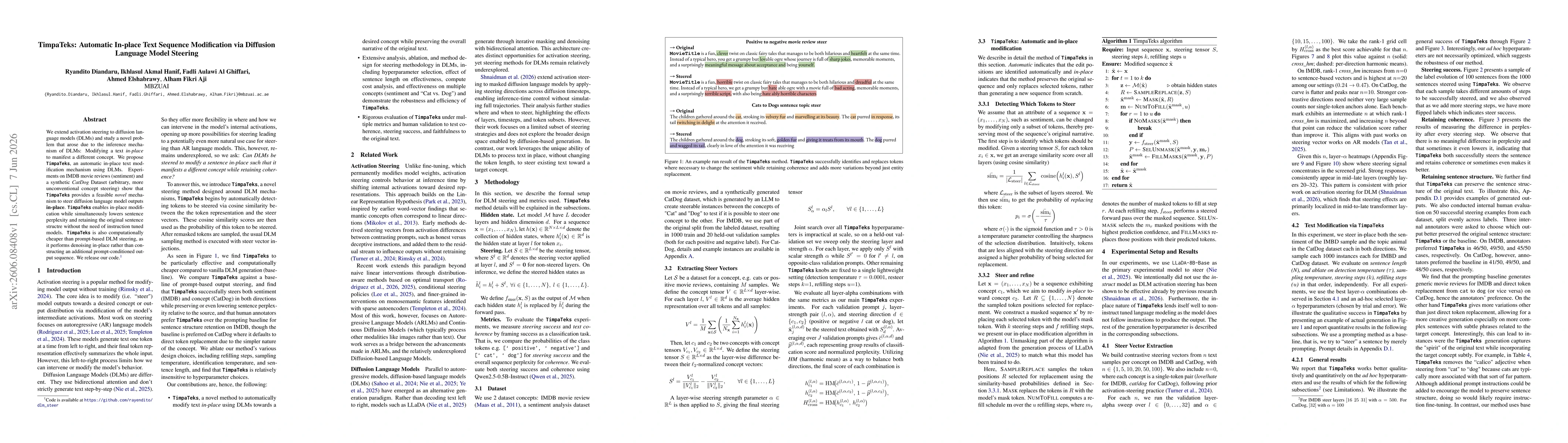 Thumbnail for TimpaTeks: Automatic In-place Text Sequence Modification via Diffusion Language Model Steering