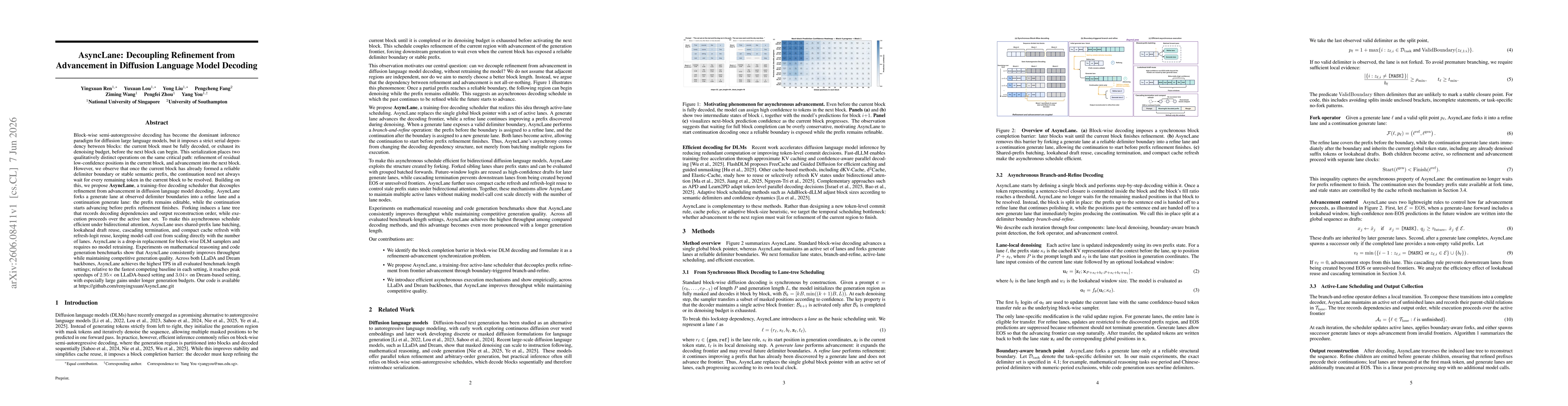 Thumbnail for AsyncLane: Decoupling Refinement from Advancement in Diffusion Language Model Decoding