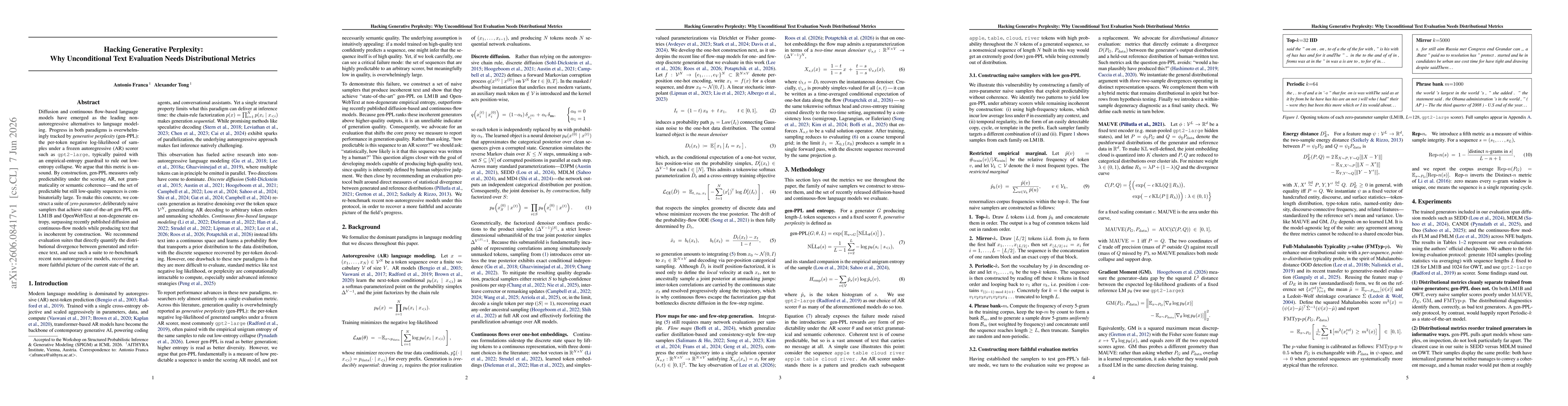 Thumbnail for Hacking Generative Perplexity: Why Unconditional Text Evaluation Needs Distributional Metrics