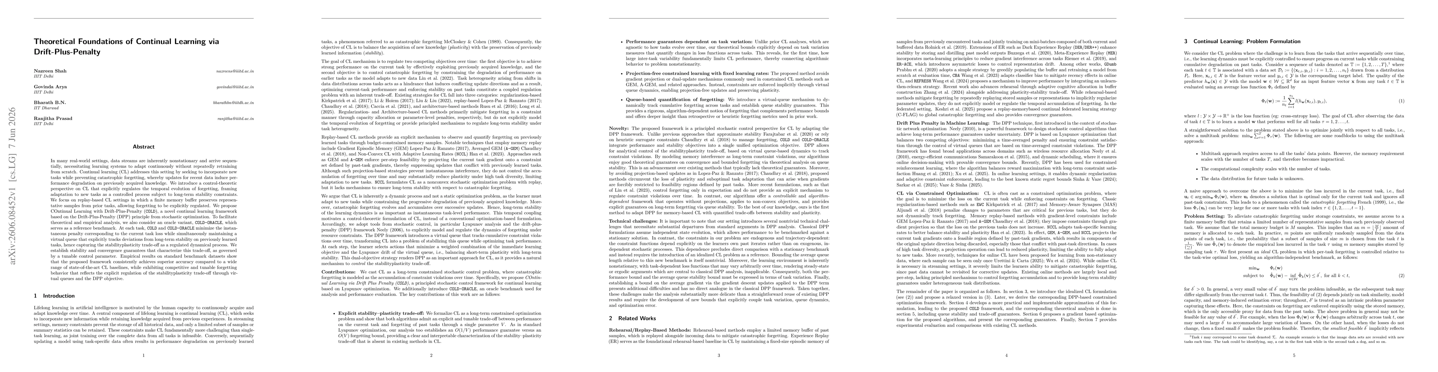 Thumbnail for Theoretical Foundations of Continual Learning via Drift-Plus-Penalty