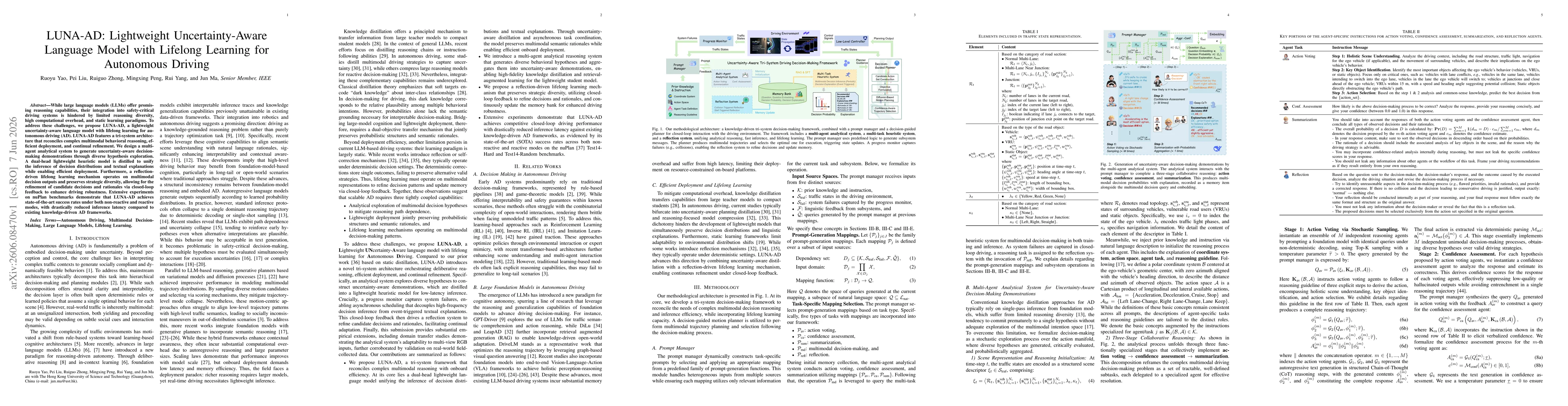 Thumbnail for LUNA-AD: Lightweight Uncertainty-Aware Language Model with Lifelong Learning for Autonomous Driving