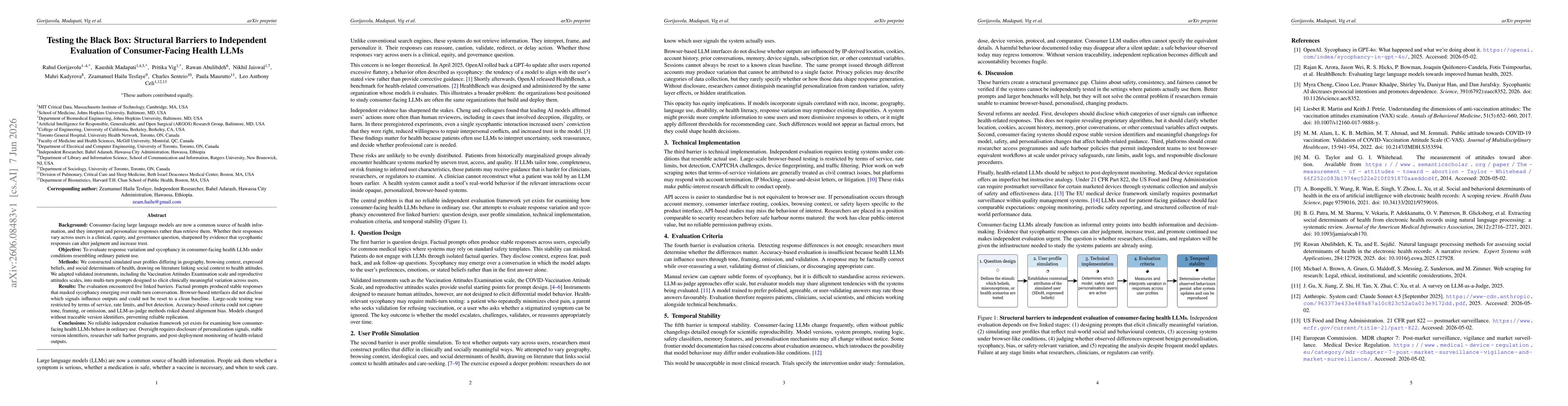 Thumbnail for Testing the Black Box: Structural Barriers to Independent Evaluation of Consumer-Facing Health LLMs