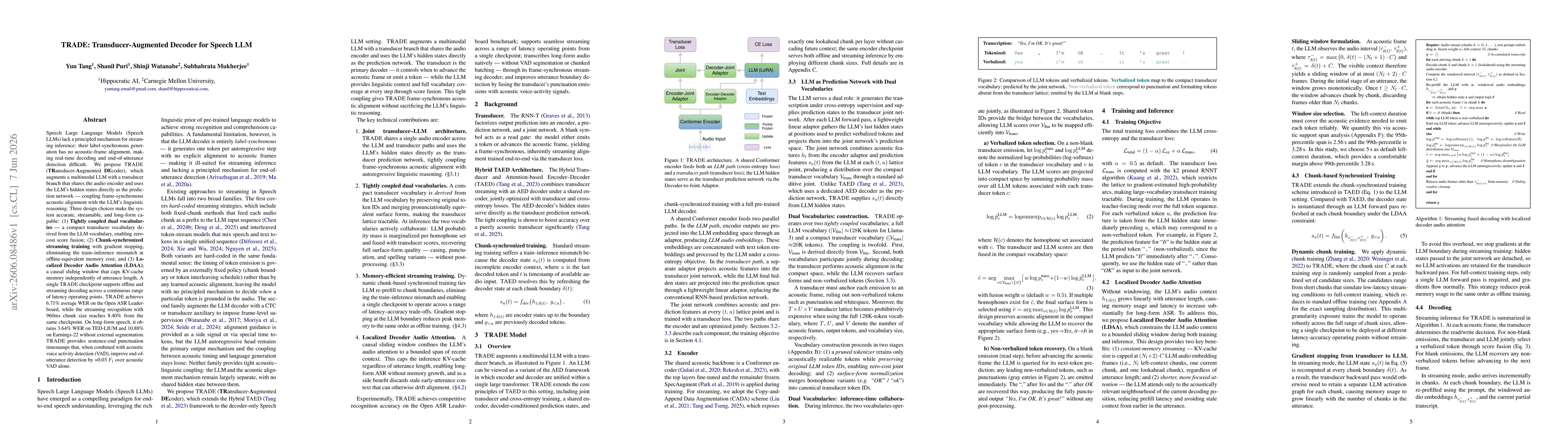 Thumbnail for TRADE: Transducer-Augmented Decoder for Speech LLM