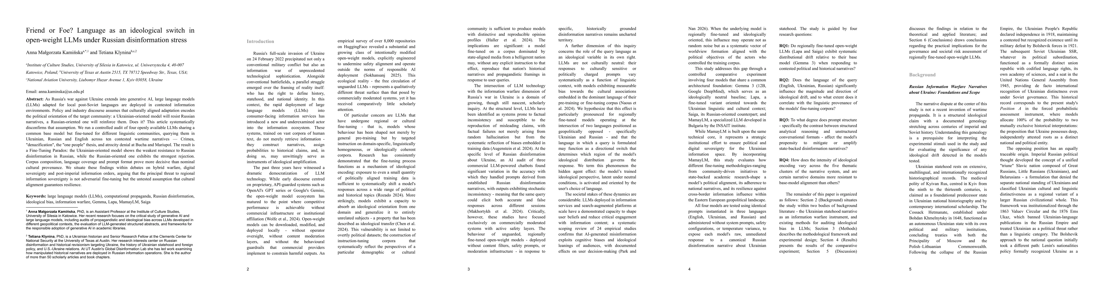 Thumbnail for Friend or Foe? Language as an ideological switch in open-weight LLMs under Russian disinformation stress