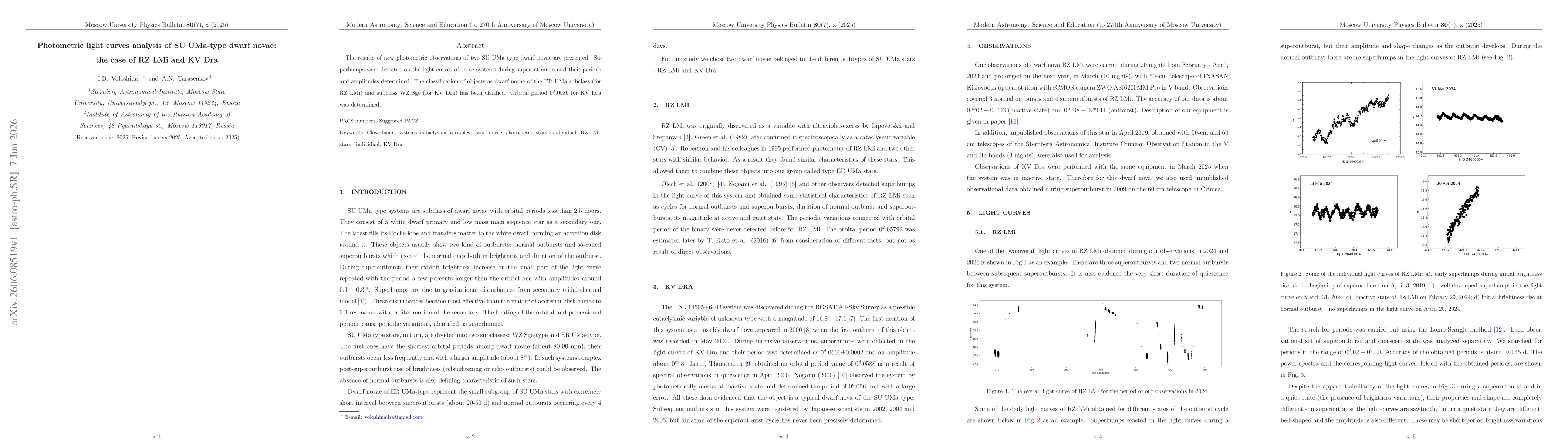 Thumbnail for Photometric light curves analysis of SU UMa-type dwarf novae: the case of RZ LMi and KV Dra