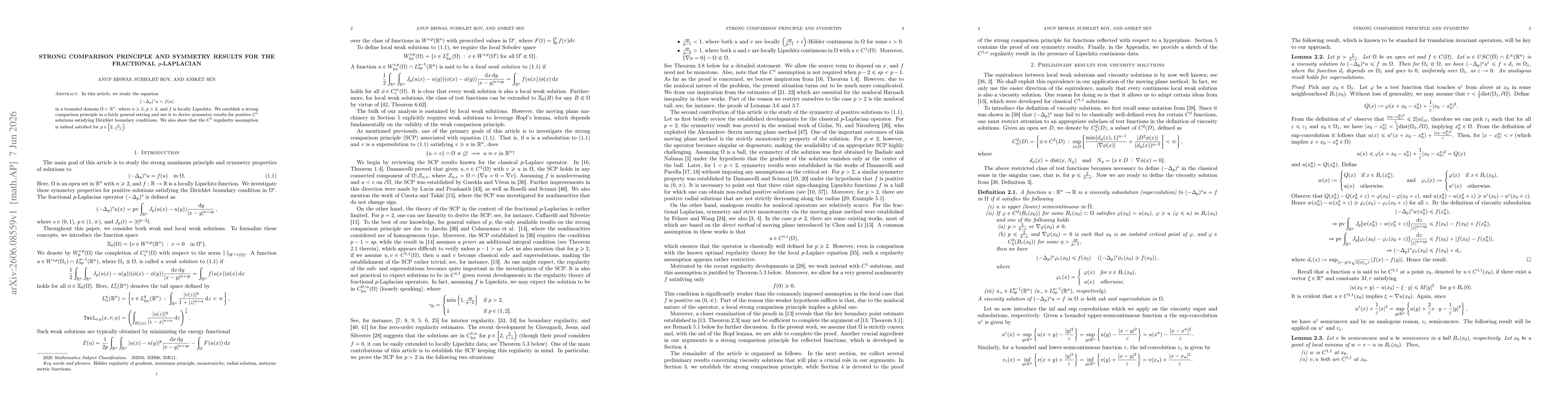 Thumbnail for Strong comparison principle and symmetry results for the fractional $p$-Laplacian