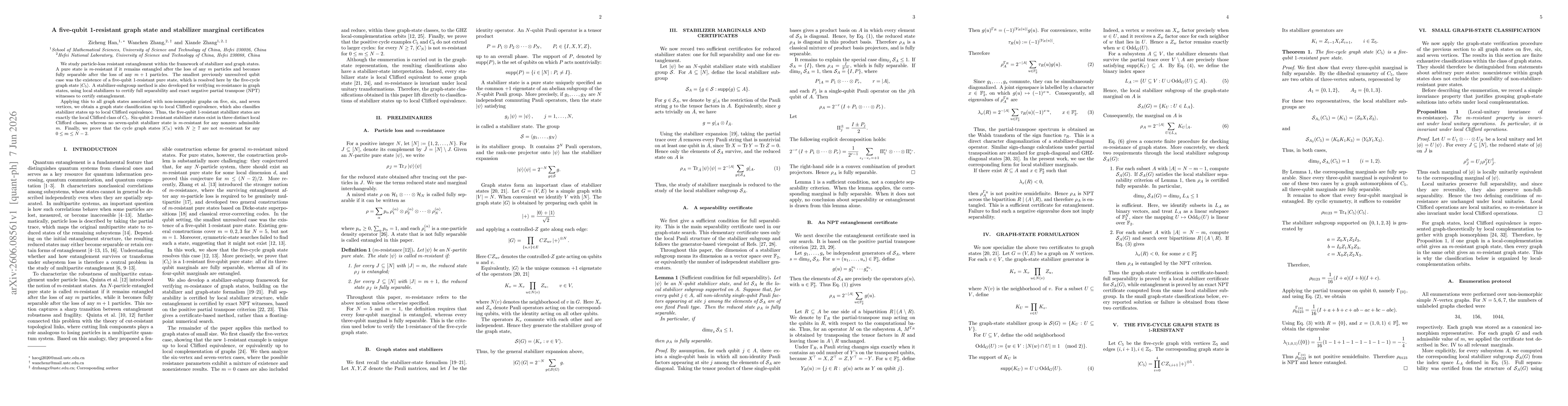 Thumbnail for A five-qubit 1-resistant graph state and stabilizer marginal certificates
